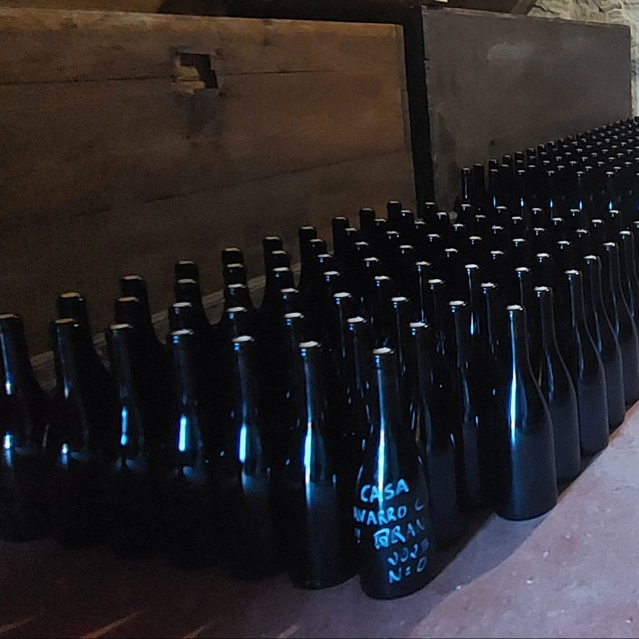 Filled and corked wine bottles after bottling at Casa Navarro Cordeiro winery