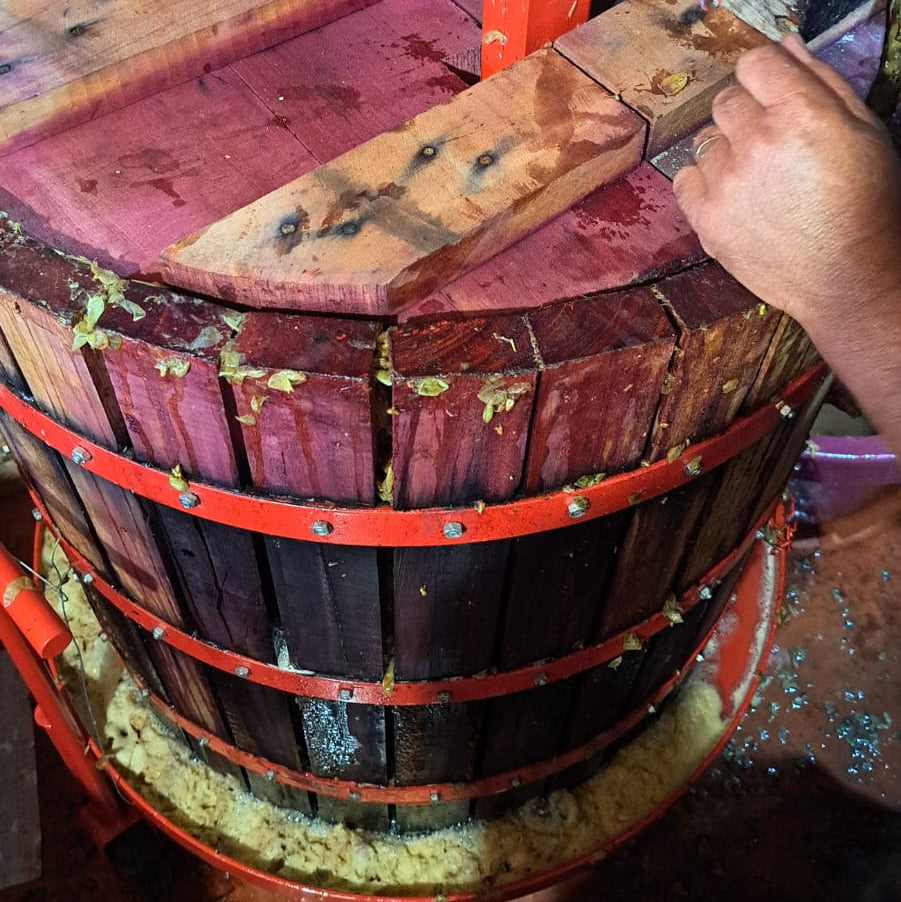 Traditional grape press used during winemaking at Casa Navarro Cordeiro winery