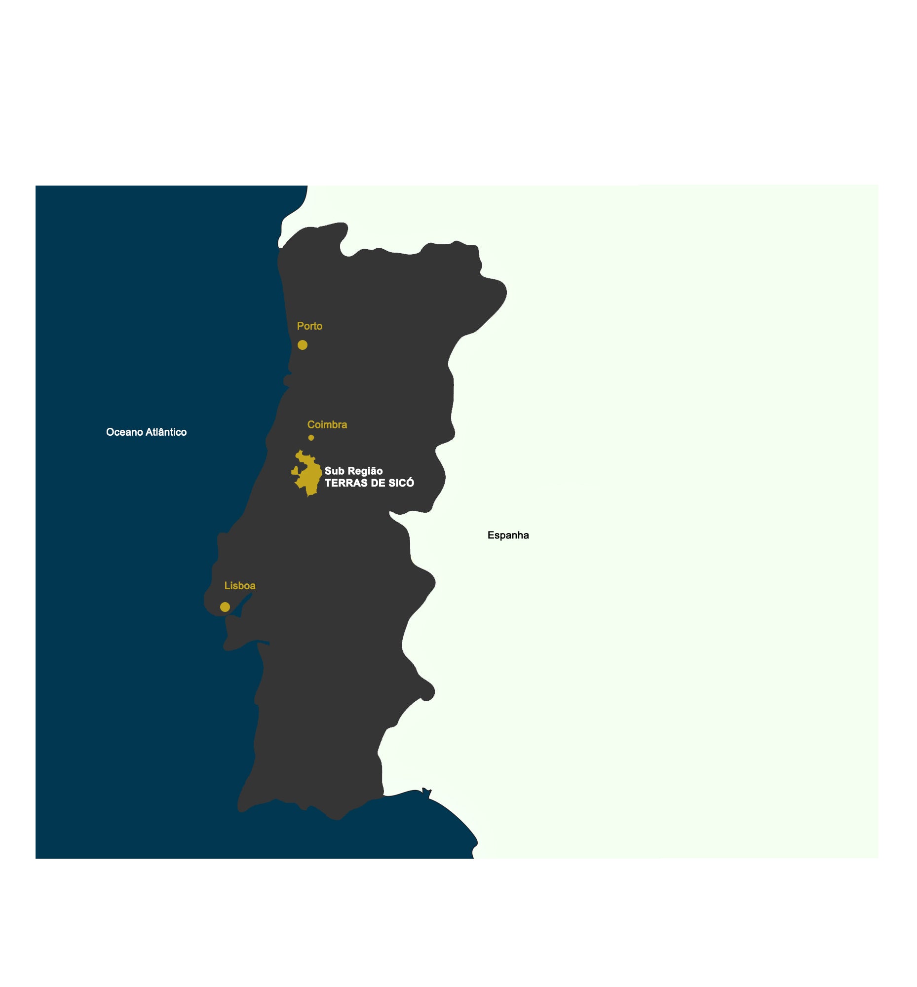 Stylised map of Portugal highlighting the Terras de Sicó region and Casa Navarro Cordeiro location between Porto and Lisbon